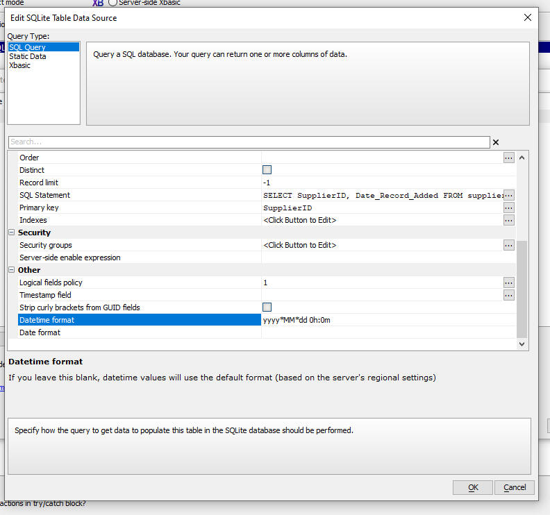 Create SQLite Database dialog showing date and datetime format options